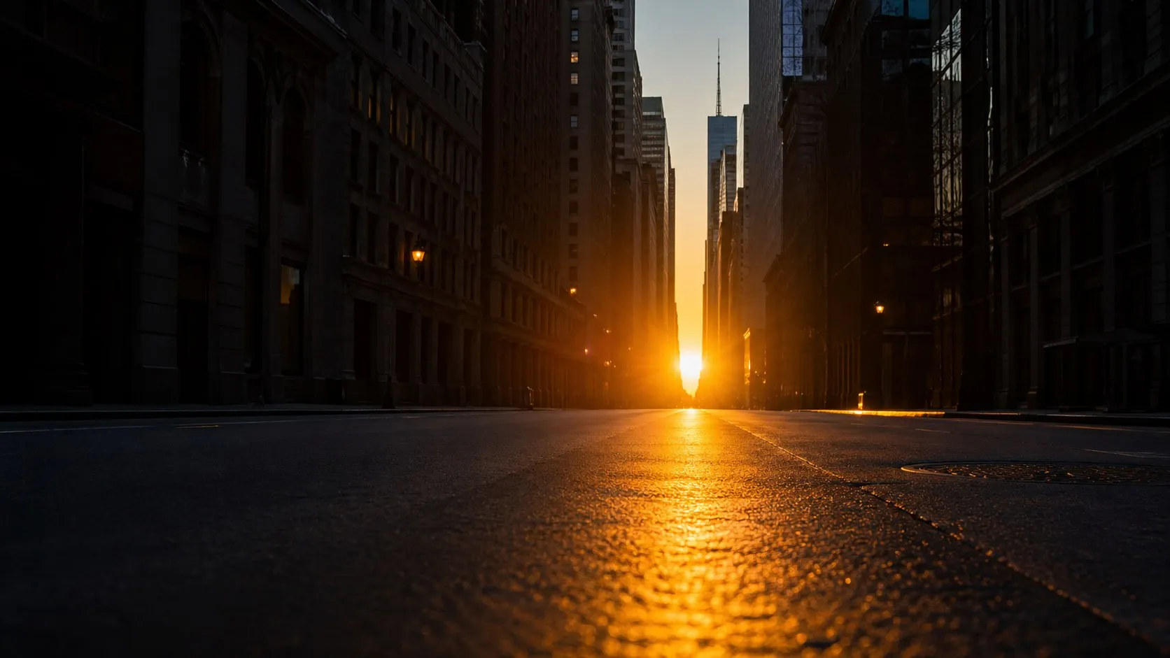 A city street aligned with the setting sun, golden light flooding the corridor